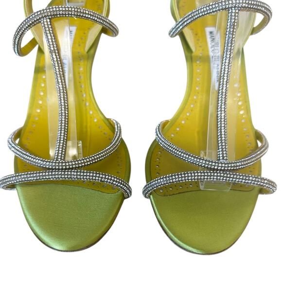 Manolo Blahnik Lucecry Satin Green Yellow Crystal Strappy High Heel Sandals 38 - Picture 11 of 14